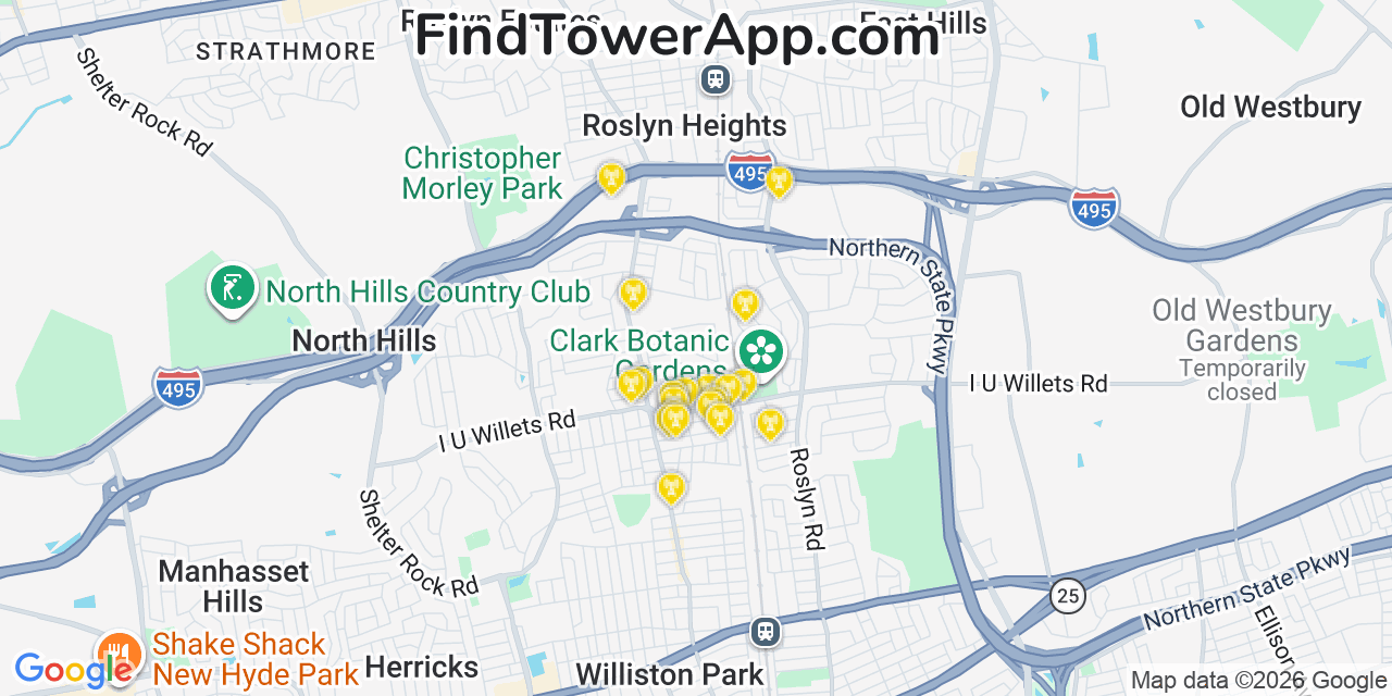 Map showing the 20 primary cell tower locations detected in Albertson, New York from AT&T, Verizon, and T-Mobile networks