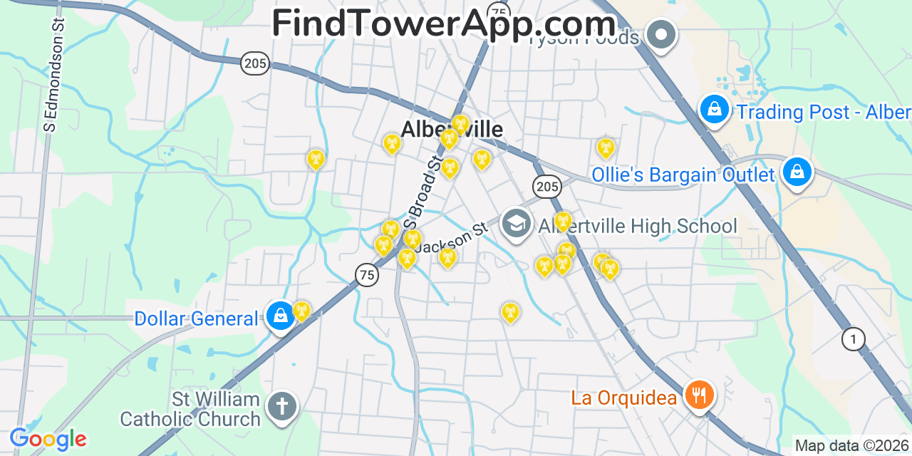Map showing the 20 primary cell tower locations detected in Albertville, Alabama from AT&T, Verizon, and T-Mobile networks