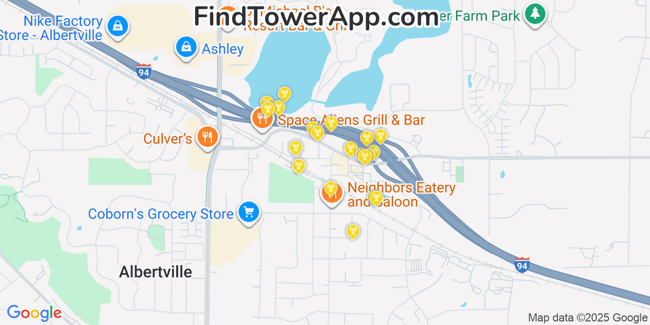 Map showing the 20 primary cell tower locations detected in Albertville, Minnesota from AT&T, Verizon, and T-Mobile networks