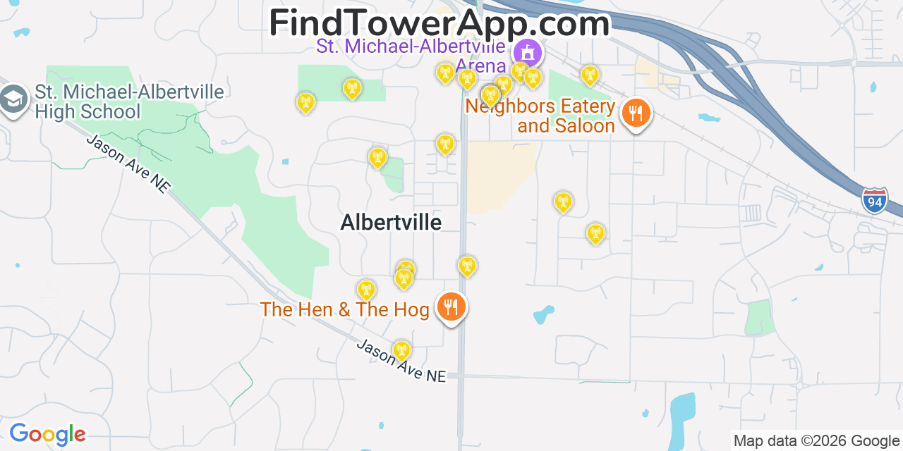 Map showing the 20 primary cell tower locations detected in Albertville, Minnesota from AT&T, Verizon, and T-Mobile networks