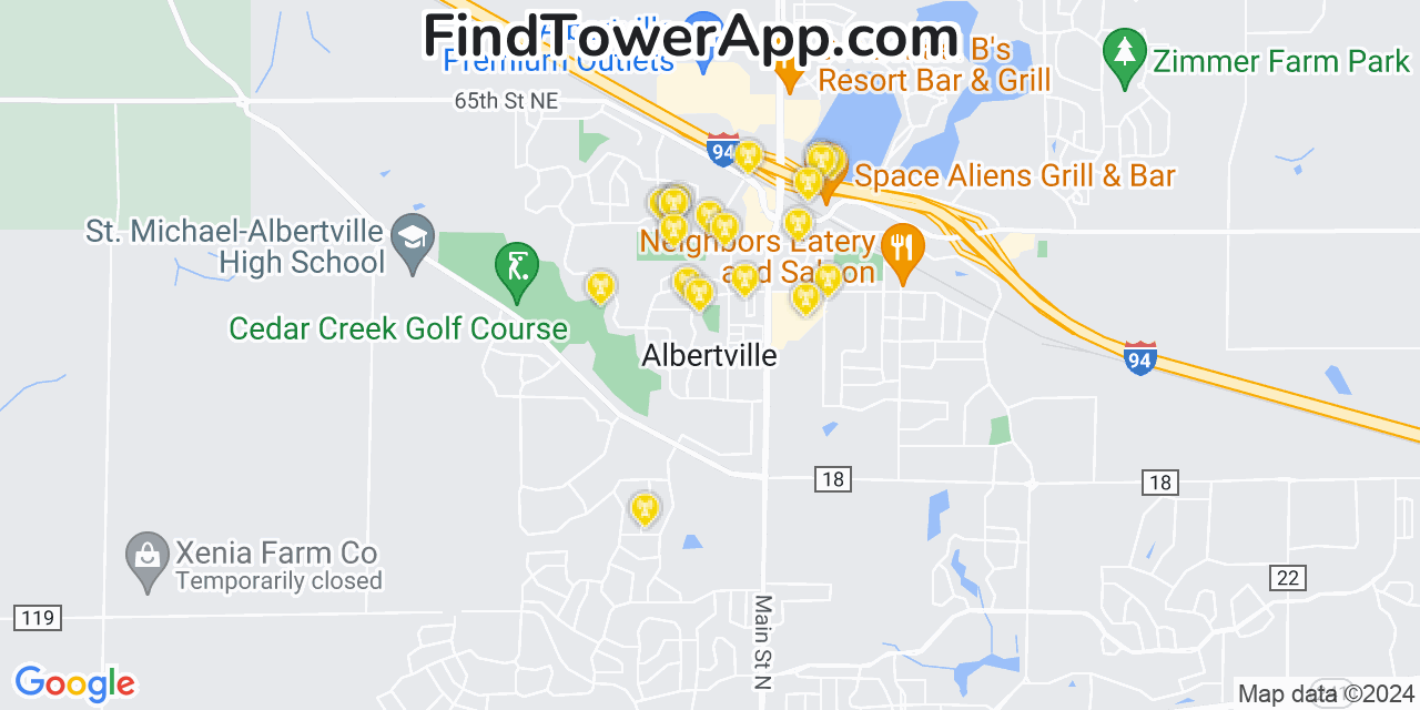 Verizon 4G/5G cell tower coverage map Albertville, Minnesota