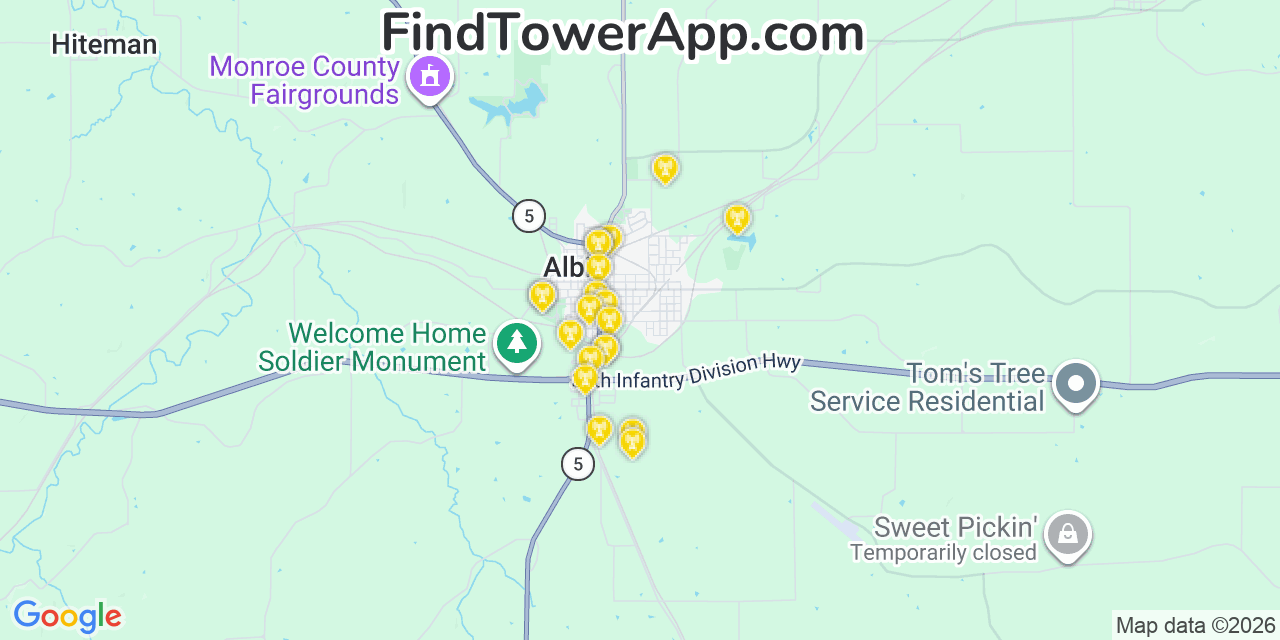 Map showing the 20 primary cell tower locations detected in Albia, Iowa from AT&T, Verizon, and T-Mobile networks