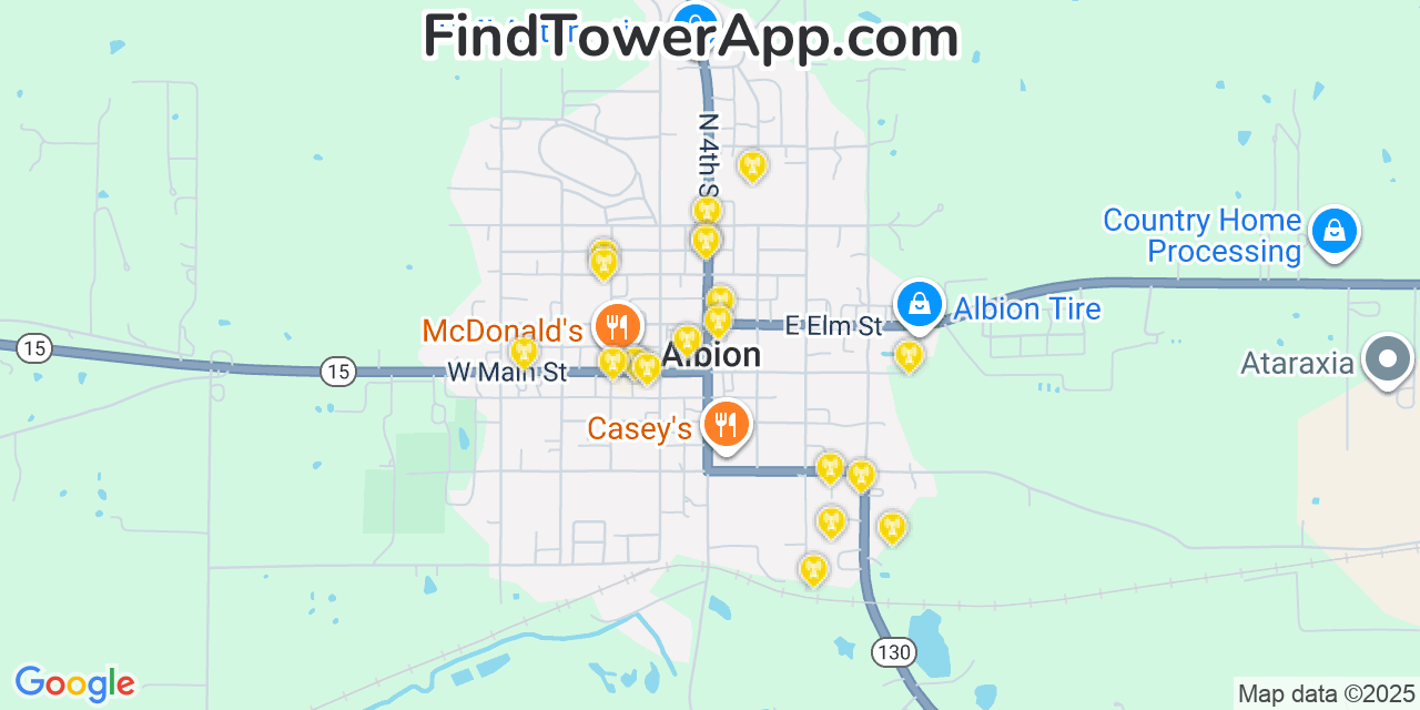 Map showing the 20 primary cell tower locations detected in Albion, Illinois from AT&T, Verizon, and T-Mobile networks