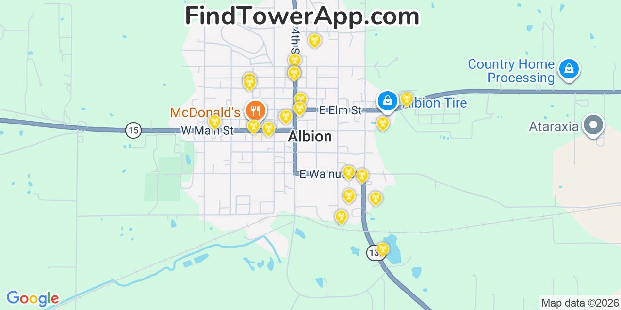 Map showing the 20 primary cell tower locations detected in Albion, Illinois from AT&T, Verizon, and T-Mobile networks