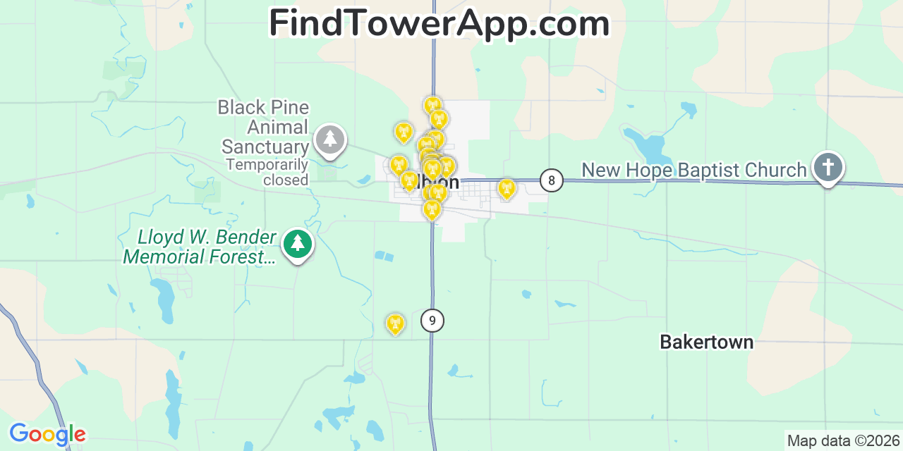 Map showing the 20 primary cell tower locations detected in Albion, Indiana from AT&T, Verizon, and T-Mobile networks