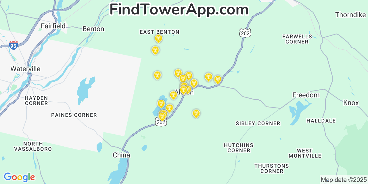 Map showing the 20 primary cell tower locations detected in Albion, Maine from AT&T, Verizon, and T-Mobile networks