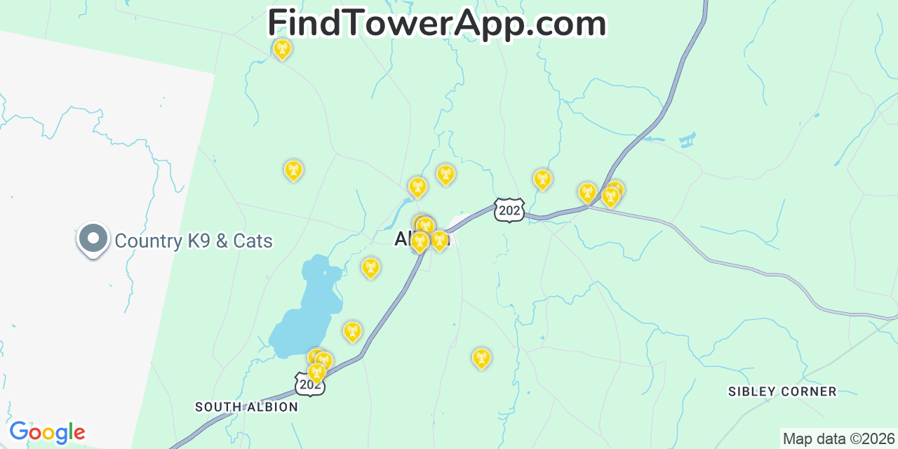 Map showing the 20 primary cell tower locations detected in Albion, Maine from AT&T, Verizon, and T-Mobile networks
