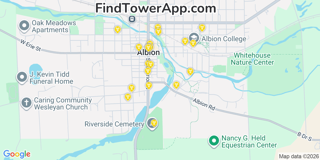 Map showing the 20 primary cell tower locations detected in Albion, Michigan from AT&T, Verizon, and T-Mobile networks