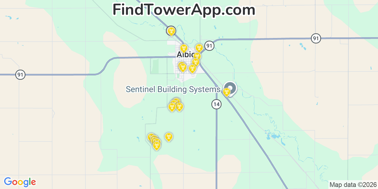 Map showing the 20 primary cell tower locations detected in Albion, Nebraska from AT&T, Verizon, and T-Mobile networks