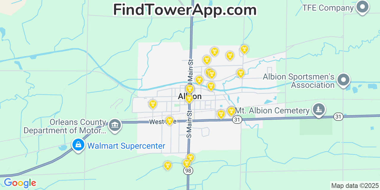 Map showing the 20 primary cell tower locations detected in Albion, New York from AT&T, Verizon, and T-Mobile networks
