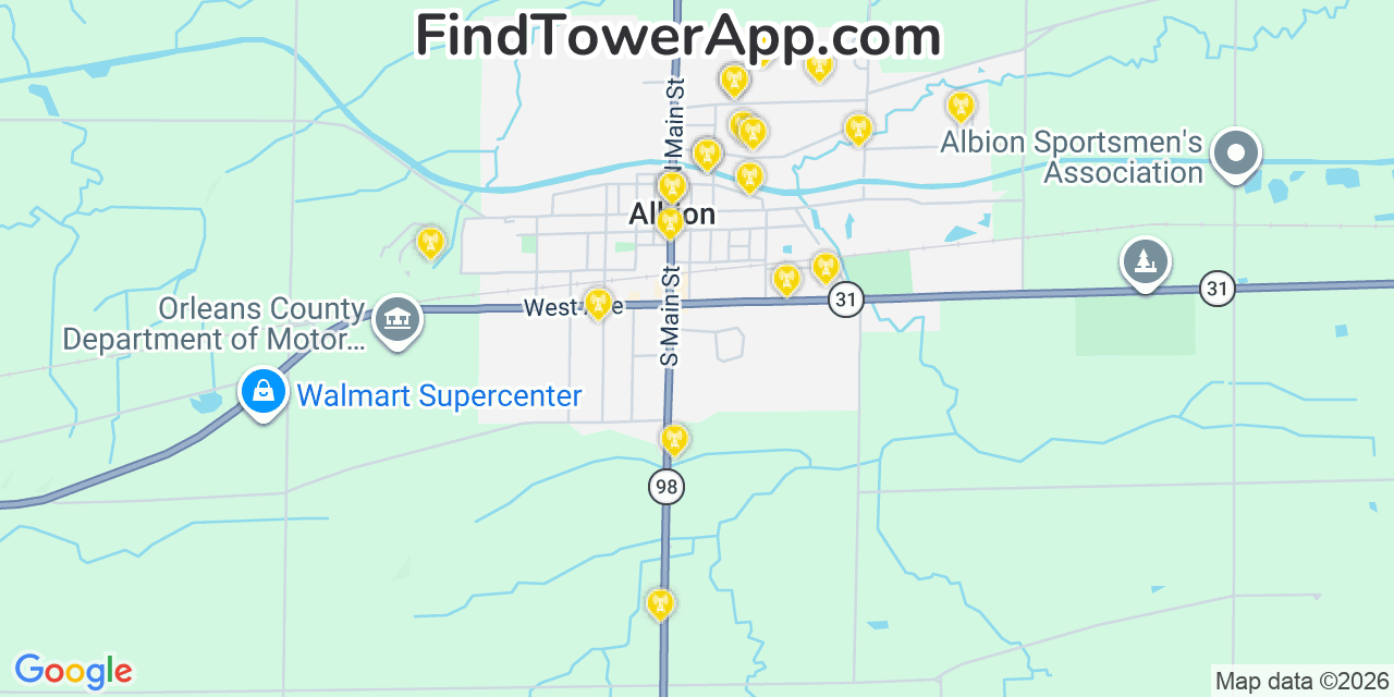 Map showing the 20 primary cell tower locations detected in Albion, New York from AT&T, Verizon, and T-Mobile networks