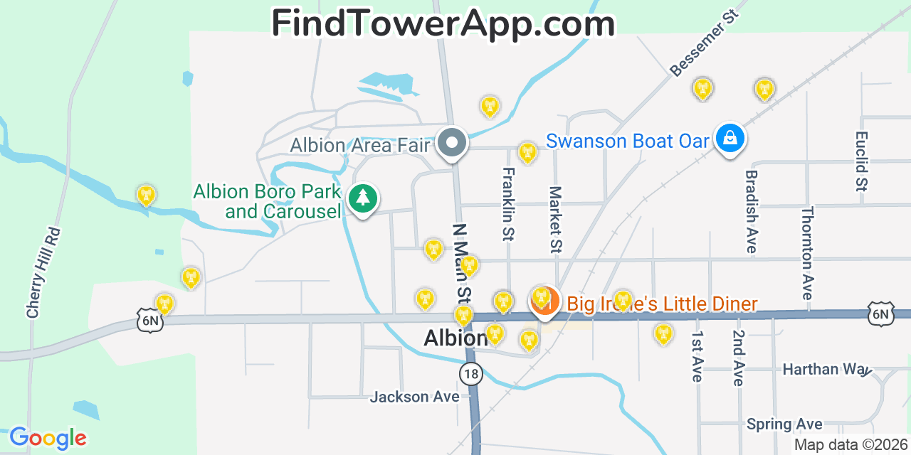 Map showing the 20 primary cell tower locations detected in Albion, Pennsylvania from AT&T, Verizon, and T-Mobile networks