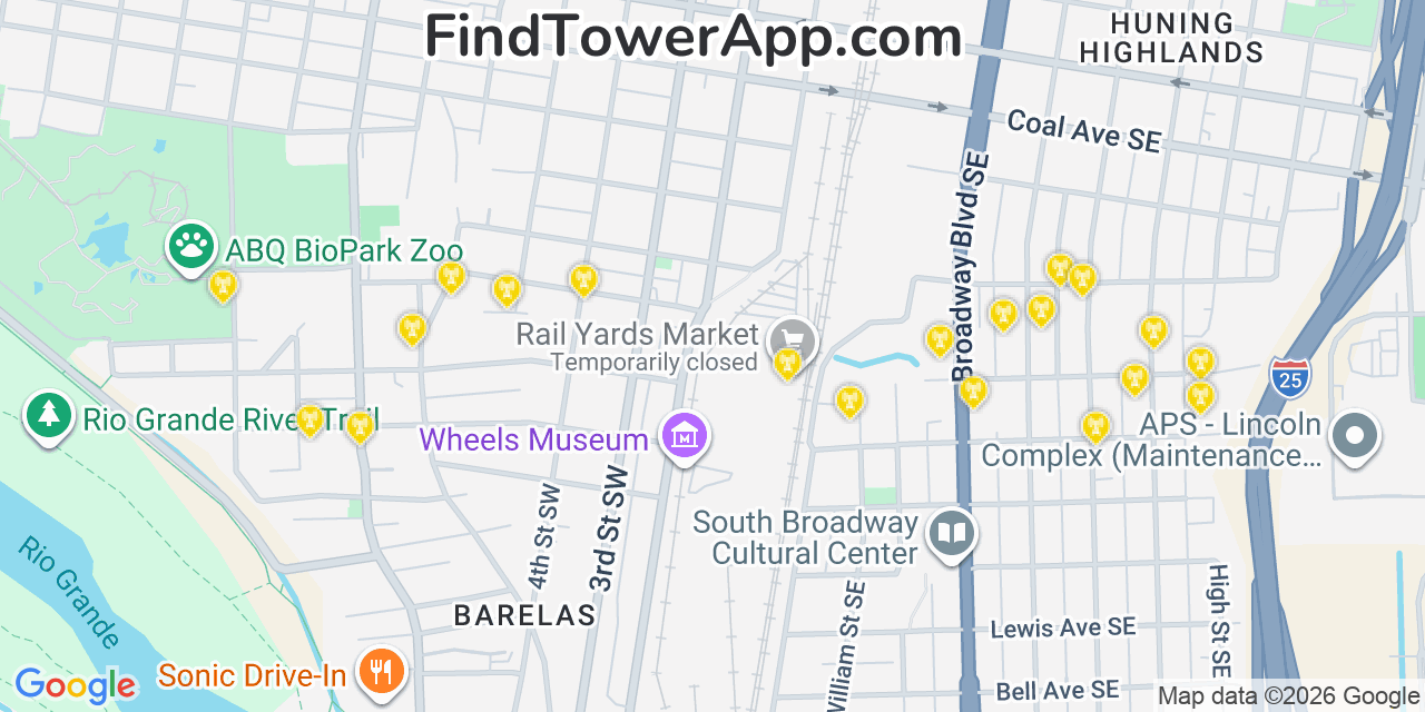 Map showing the 20 primary cell tower locations detected in Albuquerque, New Mexico from AT&T, Verizon, and T-Mobile networks