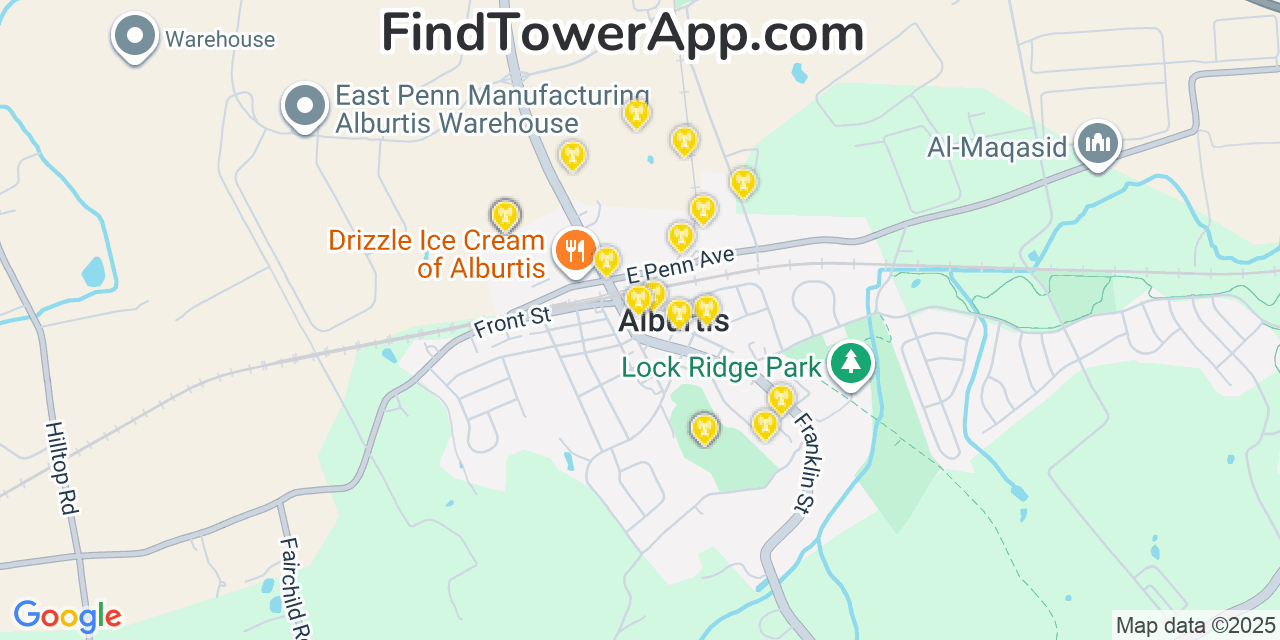 Map showing the 20 primary cell tower locations detected in Alburtis, Pennsylvania from AT&T, Verizon, and T-Mobile networks