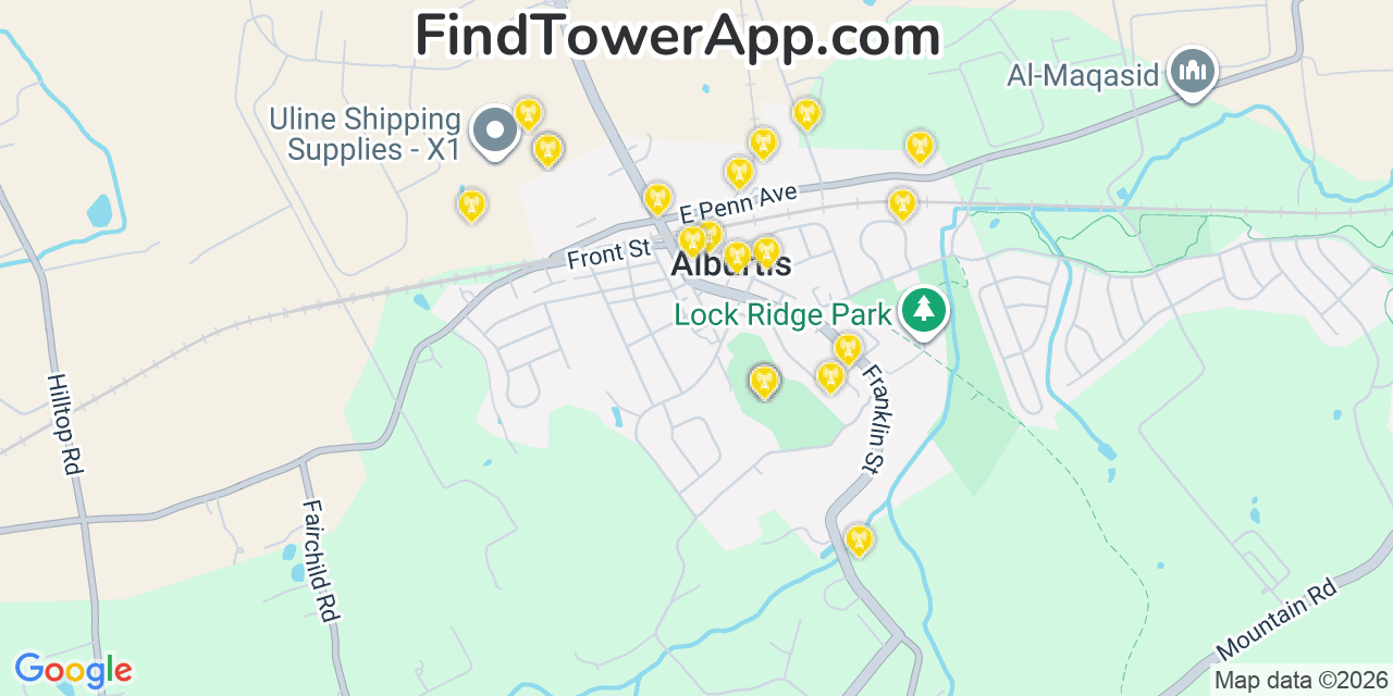 Map showing the 20 primary cell tower locations detected in Alburtis, Pennsylvania from AT&T, Verizon, and T-Mobile networks