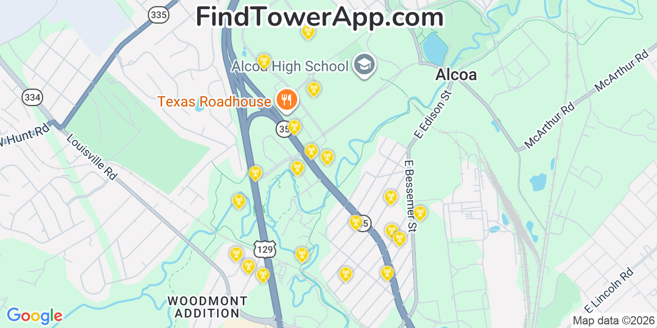 Map showing the 20 primary cell tower locations detected in Alcoa, Tennessee from AT&T, Verizon, and T-Mobile networks