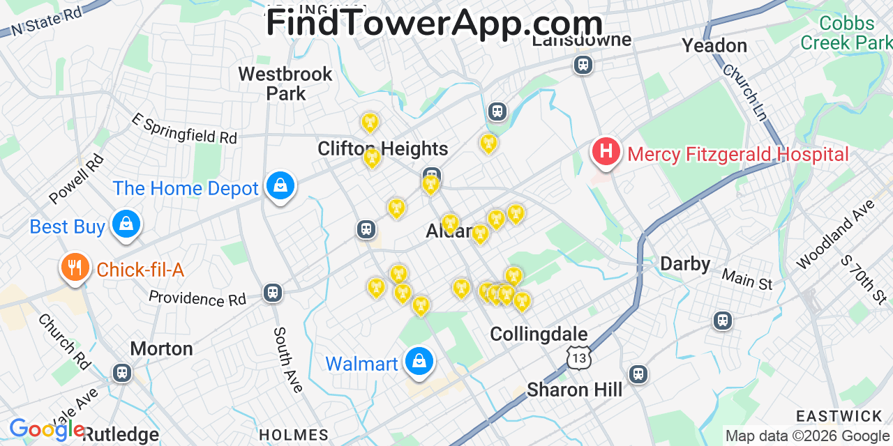 Map showing the 20 primary cell tower locations detected in Aldan, Pennsylvania from AT&T, Verizon, and T-Mobile networks