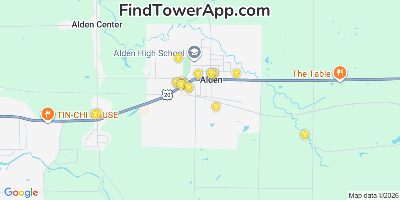 Map showing the 20 primary cell tower locations detected in Alden, New York from AT&T, Verizon, and T-Mobile networks
