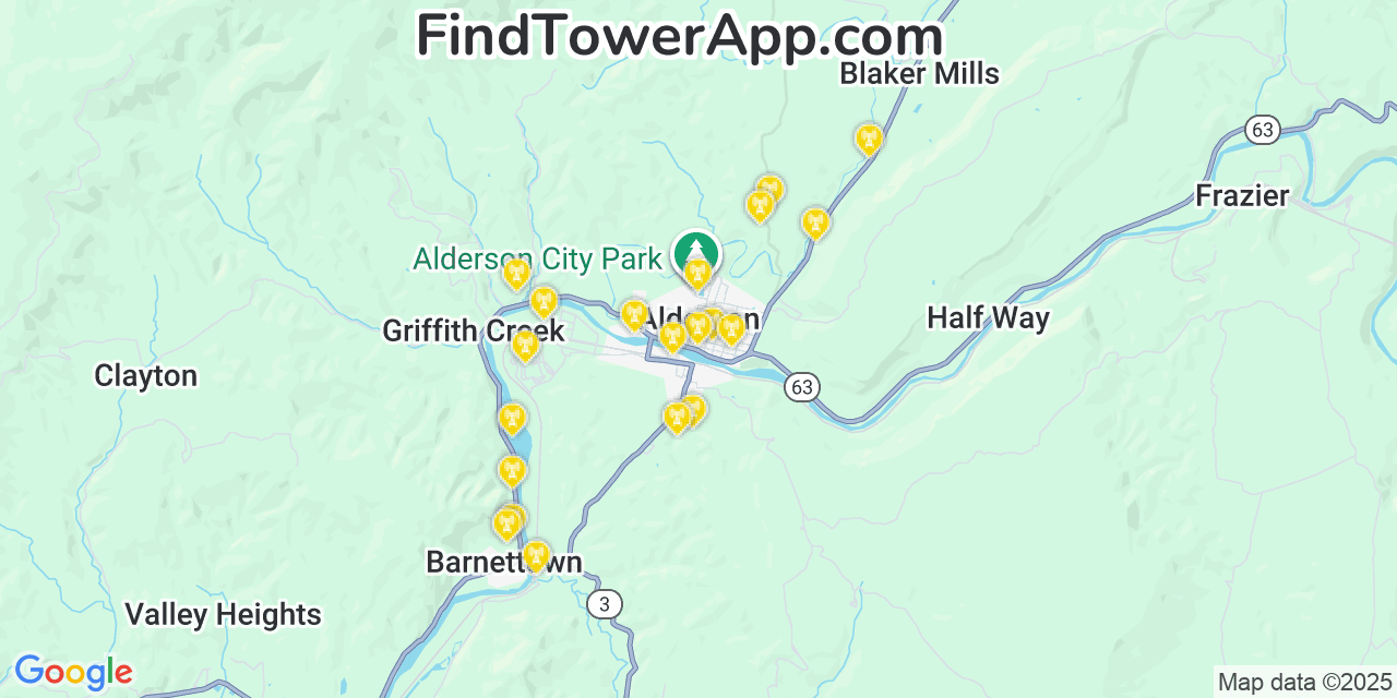 Map showing the 20 primary cell tower locations detected in Alderson, West Virginia from AT&T, Verizon, and T-Mobile networks