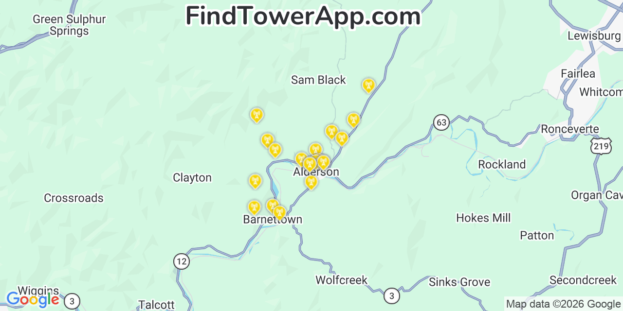 Map showing the 20 primary cell tower locations detected in Alderson, West Virginia from AT&T, Verizon, and T-Mobile networks