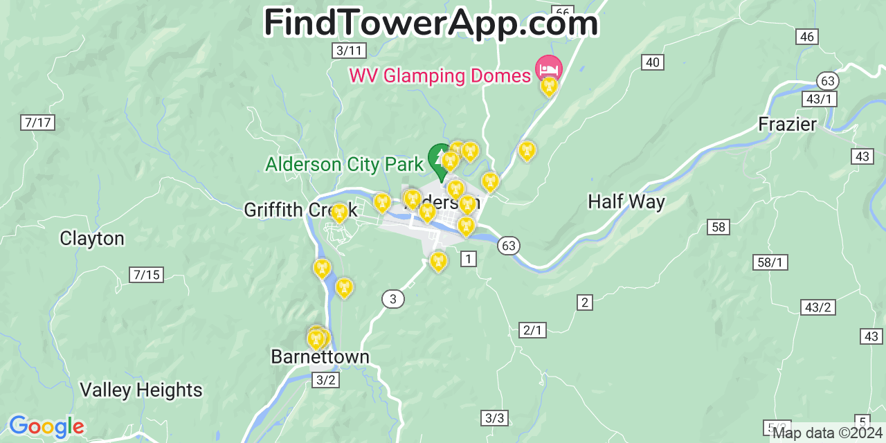 Verizon 4G/5G cell tower coverage map Alderson, West Virginia