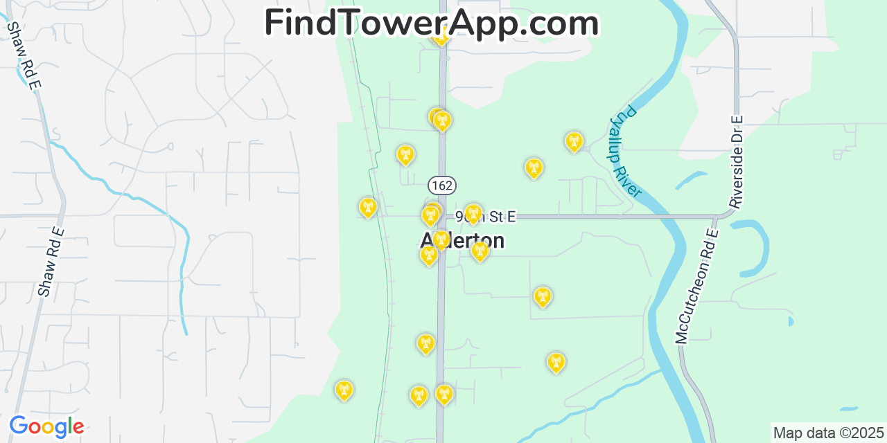 Map showing the 20 primary cell tower locations detected in Alderton, Washington from AT&T, Verizon, and T-Mobile networks