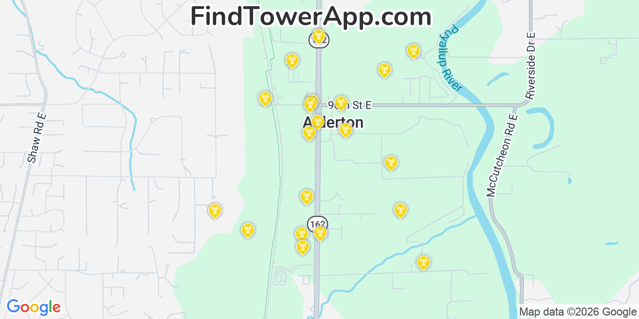 Map showing the 20 primary cell tower locations detected in Alderton, Washington from AT&T, Verizon, and T-Mobile networks