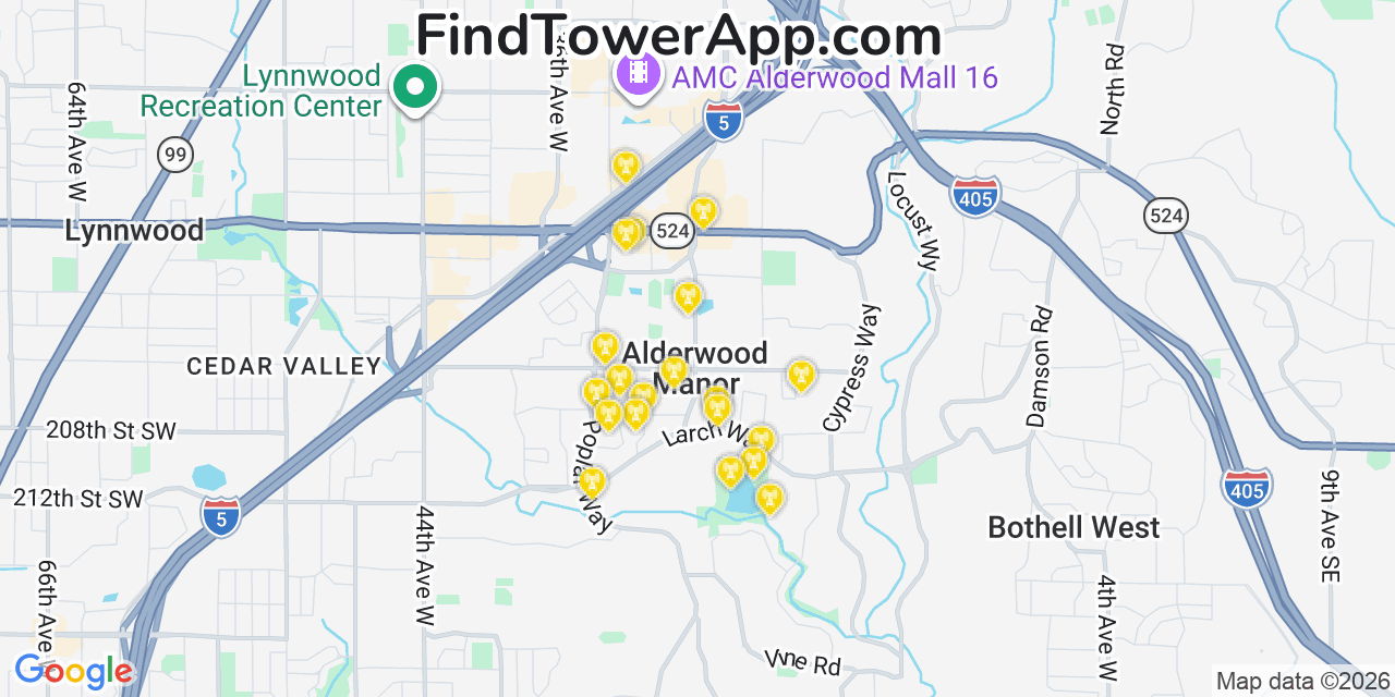 Map showing the 20 primary cell tower locations detected in Alderwood Manor, Washington from AT&T, Verizon, and T-Mobile networks