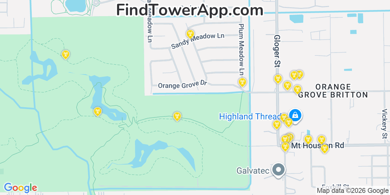 Map showing the 20 primary cell tower locations detected in Aldine, Texas from AT&T, Verizon, and T-Mobile networks