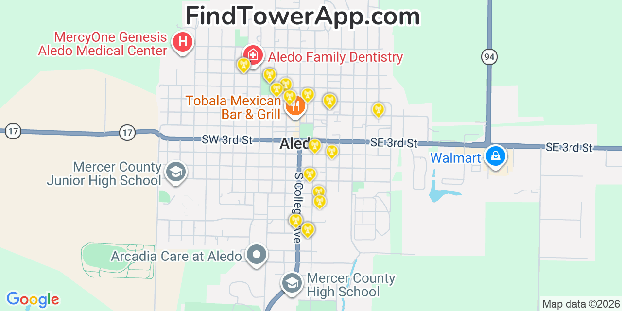 Map showing the 20 primary cell tower locations detected in Aledo, Illinois from AT&T, Verizon, and T-Mobile networks