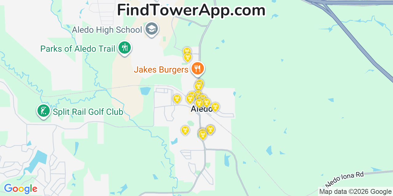 Map showing the 20 primary cell tower locations detected in Aledo, Texas from AT&T, Verizon, and T-Mobile networks