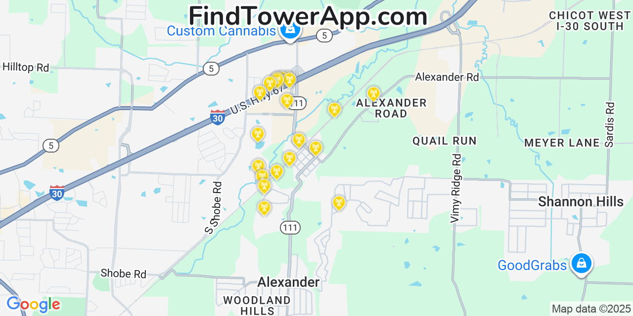 Map showing the 20 primary cell tower locations detected in Alexander, Arkansas from AT&T, Verizon, and T-Mobile networks