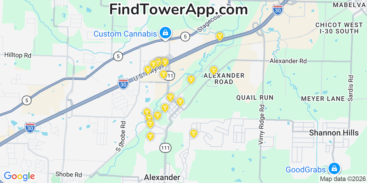 Map showing the 20 primary cell tower locations detected in Alexander, Arkansas from AT&T, Verizon, and T-Mobile networks