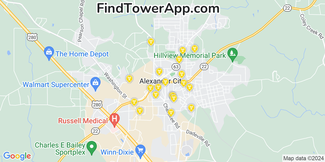 AT&T 4G/5G cell tower coverage map Alexander City, Alabama