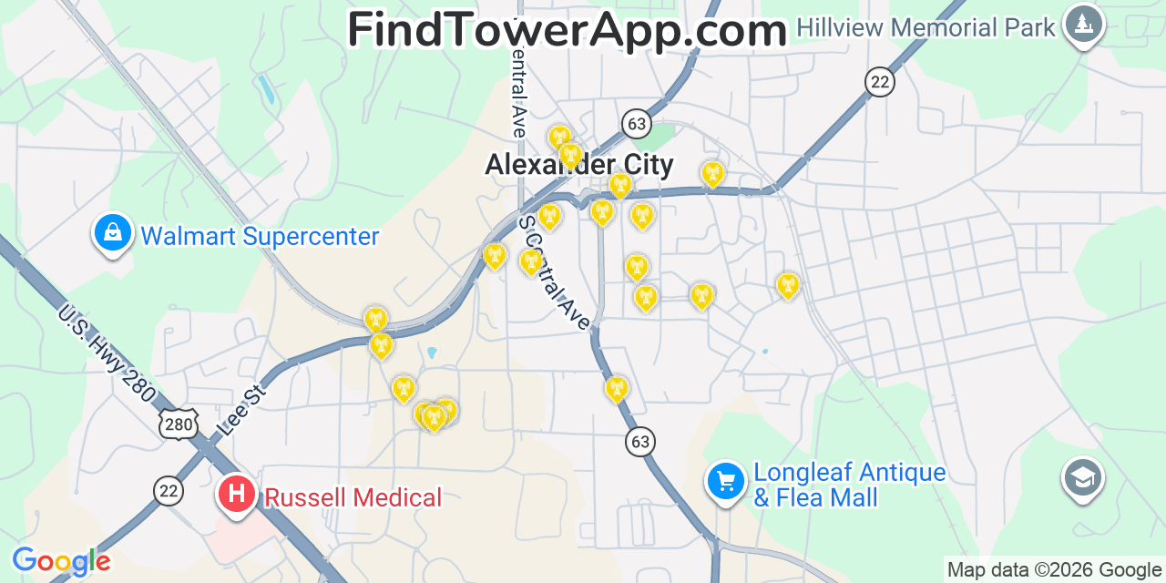Map showing the 20 primary cell tower locations detected in Alexander City, Alabama from AT&T, Verizon, and T-Mobile networks