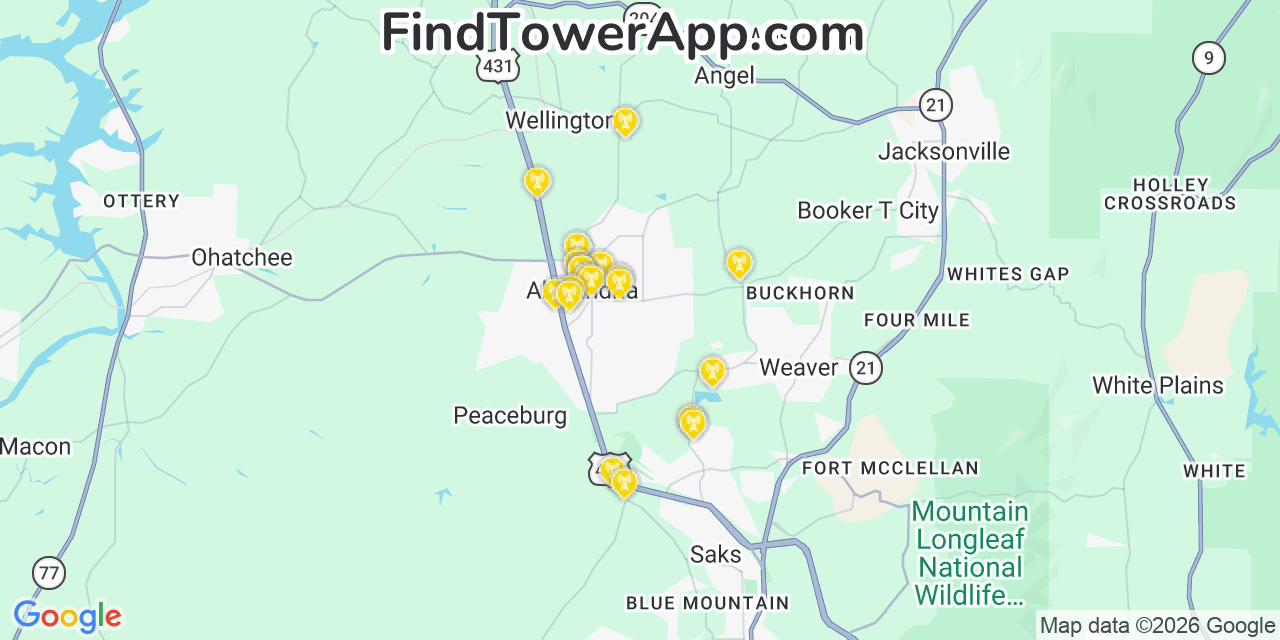 Map showing the 20 primary cell tower locations detected in Alexandria, Alabama from AT&T, Verizon, and T-Mobile networks