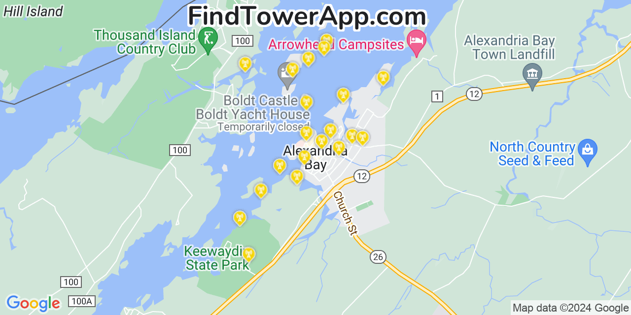 AT&T 4G/5G cell tower coverage map Alexandria Bay, New York