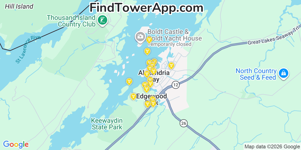 Map showing the 20 primary cell tower locations detected in Alexandria Bay, New York from AT&T, Verizon, and T-Mobile networks