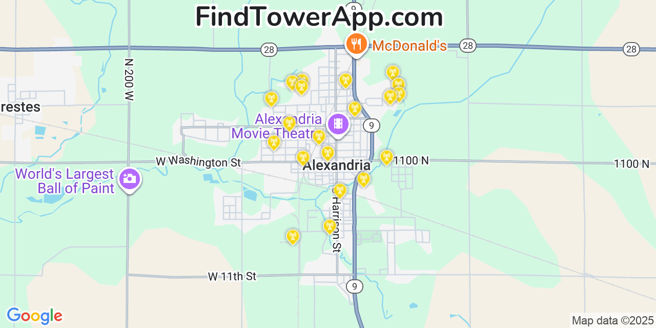 Map showing the 20 primary cell tower locations detected in Alexandria, Indiana from AT&T, Verizon, and T-Mobile networks