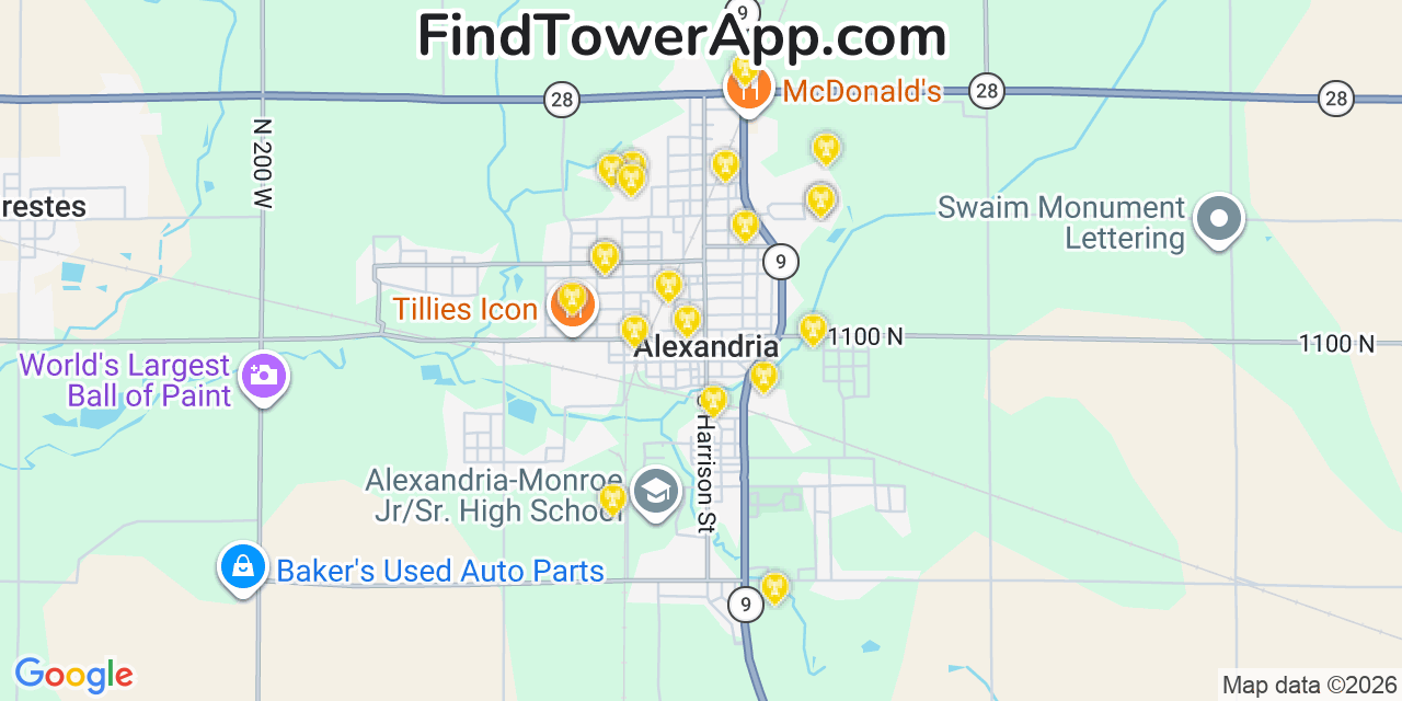 Map showing the 20 primary cell tower locations detected in Alexandria, Indiana from AT&T, Verizon, and T-Mobile networks