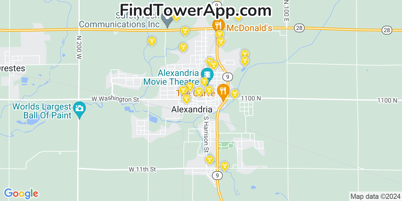 Verizon 4G/5G cell tower coverage map Alexandria, Indiana