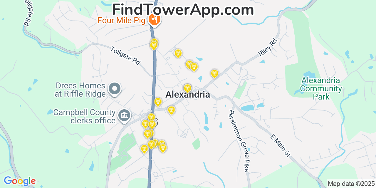 Map showing the 20 primary cell tower locations detected in Alexandria, Kentucky from AT&T, Verizon, and T-Mobile networks