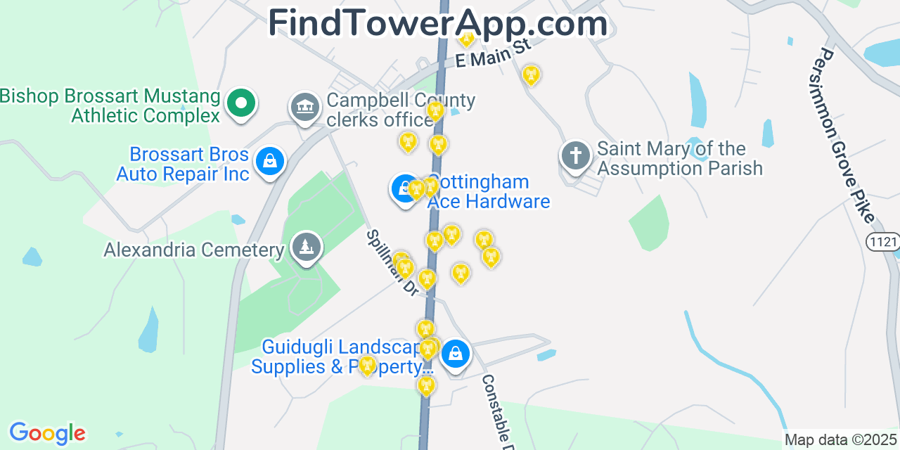 Map showing the 20 primary cell tower locations detected in Alexandria, Kentucky from AT&T, Verizon, and T-Mobile networks
