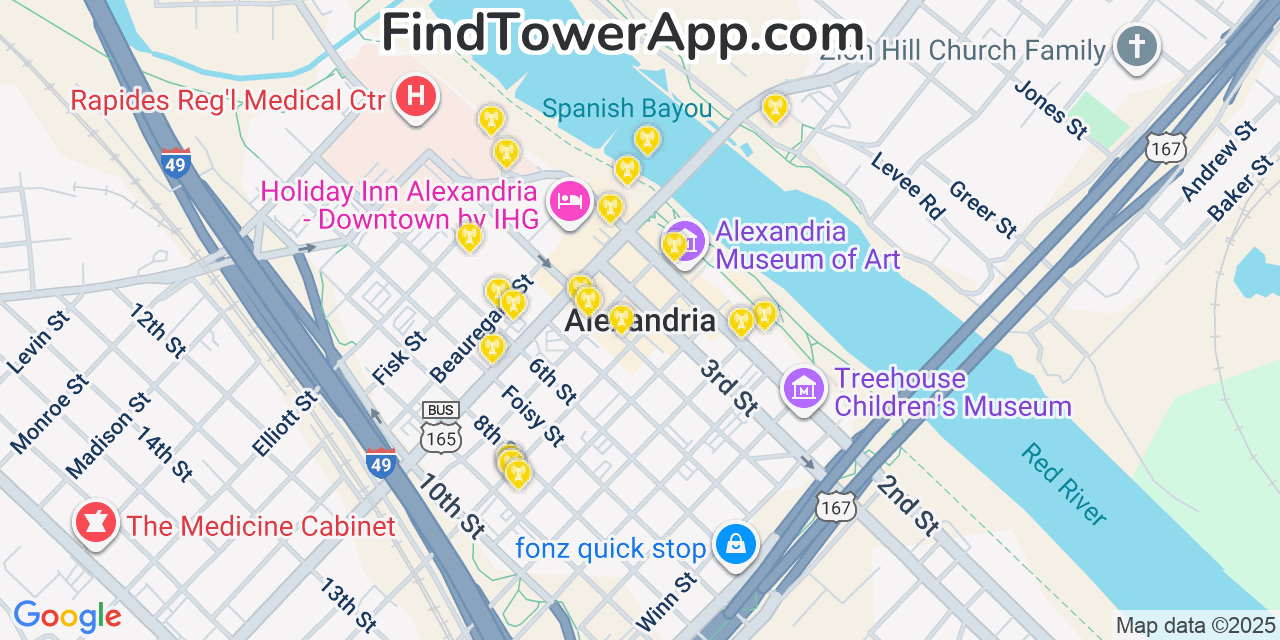 Map showing the 20 primary cell tower locations detected in Alexandria, Louisiana from AT&T, Verizon, and T-Mobile networks