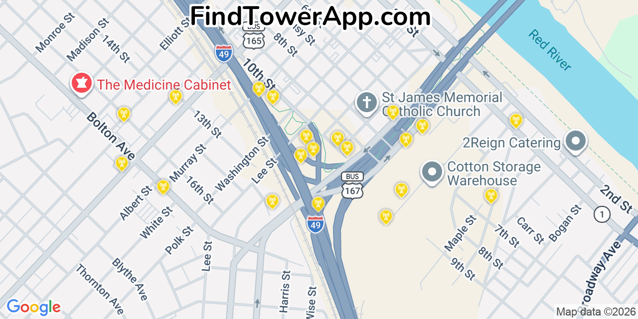 Map showing the 20 primary cell tower locations detected in Alexandria, Louisiana from AT&T, Verizon, and T-Mobile networks