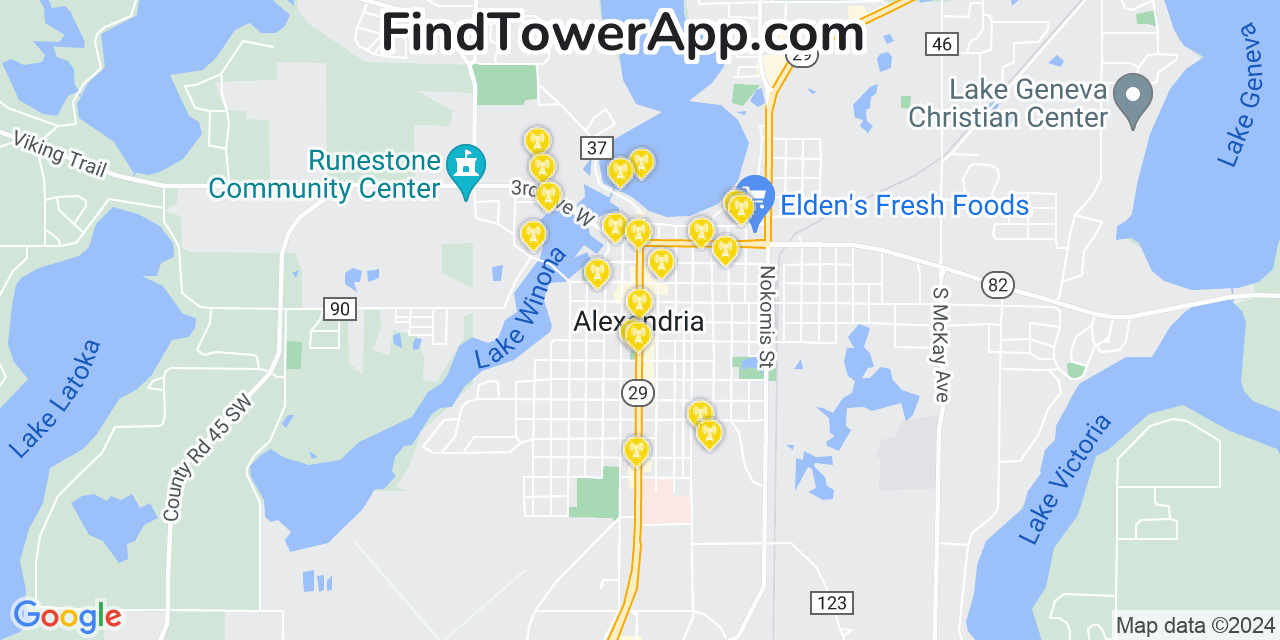 AT&T 4G/5G cell tower coverage map Alexandria, Minnesota