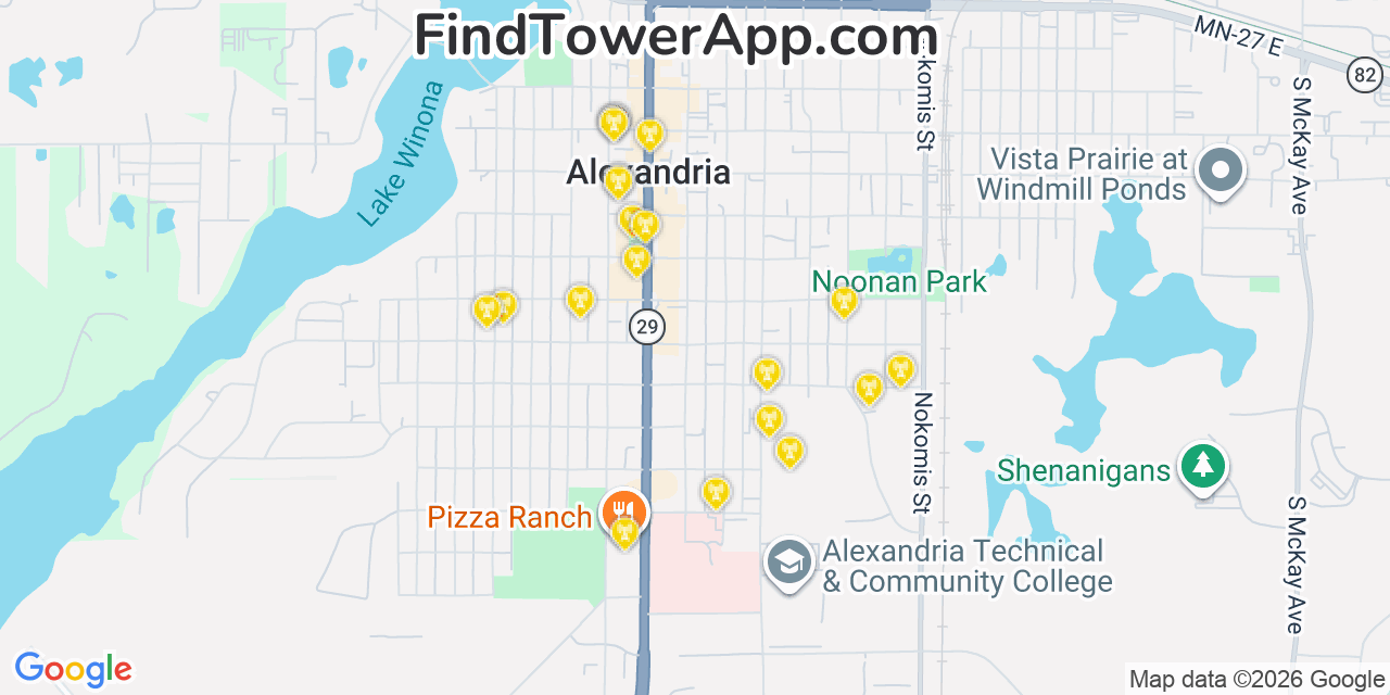Map showing the 20 primary cell tower locations detected in Alexandria, Minnesota from AT&T, Verizon, and T-Mobile networks