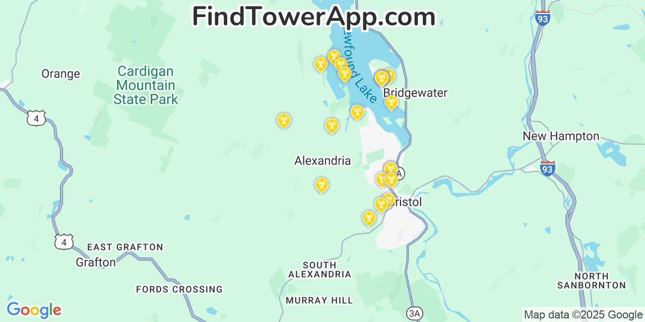 Map showing the 20 primary cell tower locations detected in Alexandria, New Hampshire from AT&T, Verizon, and T-Mobile networks