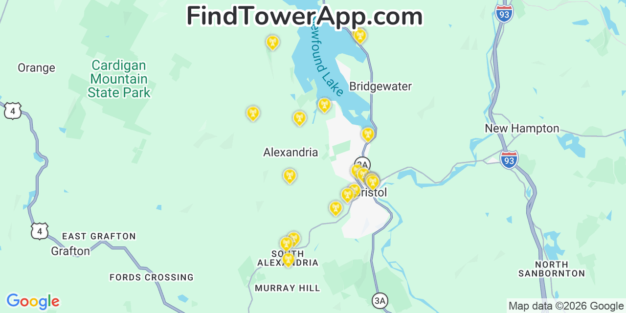 Map showing the 20 primary cell tower locations detected in Alexandria, New Hampshire from AT&T, Verizon, and T-Mobile networks
