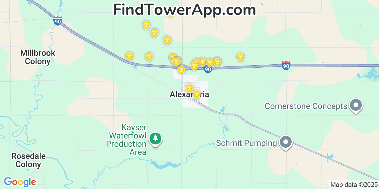 Map showing the 20 primary cell tower locations detected in Alexandria, South Dakota from AT&T, Verizon, and T-Mobile networks
